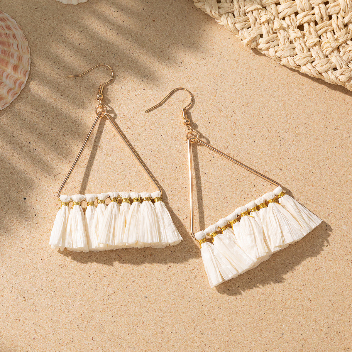 1 Pair Vacation Bohemian Triangle Round Water Droplets Tassel Straw Drop Earrings