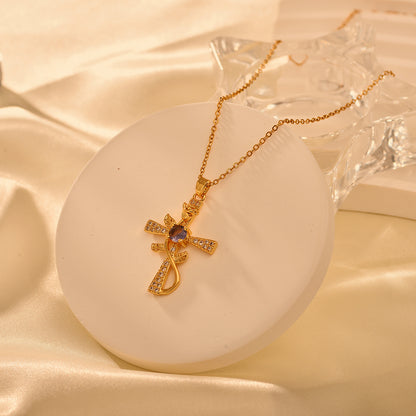 Titanium Steel French Style Modern Style Simple Style Cross Rose Inlay Zircon Pendant Necklace