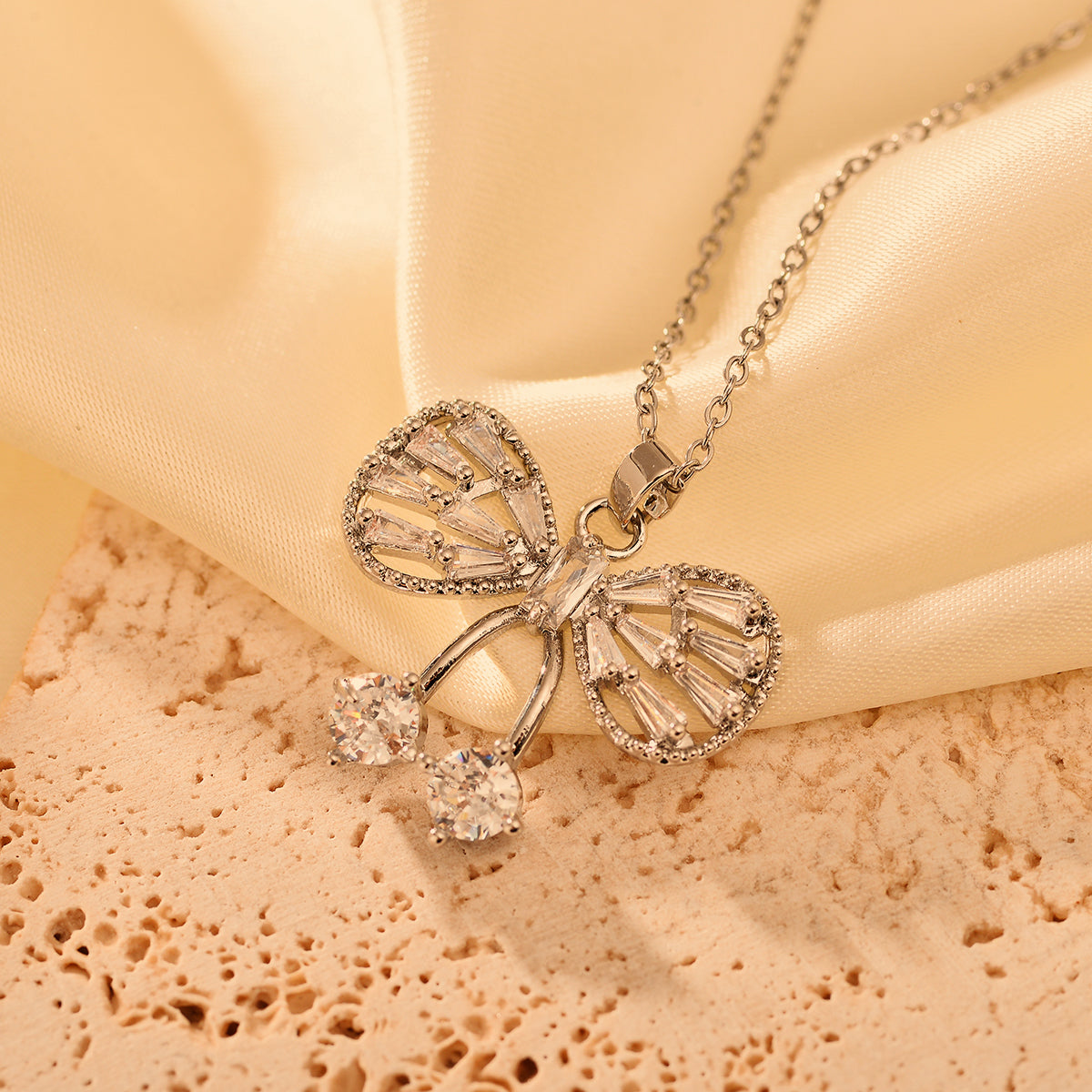 Copper Classical Handmade Funny Bow Knot Inlay Zircon Pendant Necklace