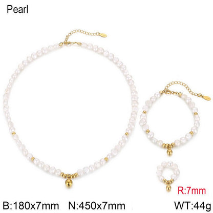 Elegant Simple Style Round Freshwater Pearl Titanium Steel Beaded Women's Bracelets Earrings Necklace