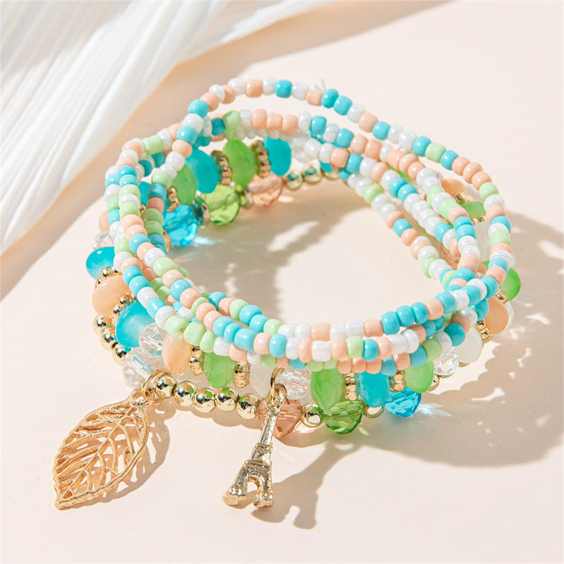 Simple Style Tower Leaves Artificial Crystal Alloy Beaded Layered Women's Bracelets