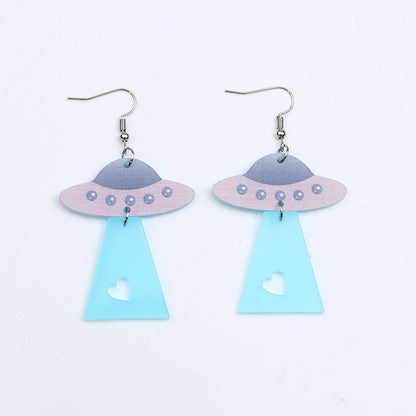 1 Pair Cute Spaceship Printing Arylic Drop Earrings