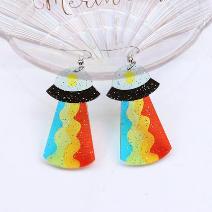 1 Pair Cute Spaceship Printing Arylic Drop Earrings