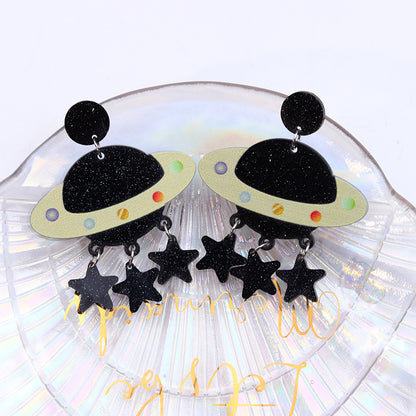 1 Pair Cute Spaceship Printing Arylic Drop Earrings