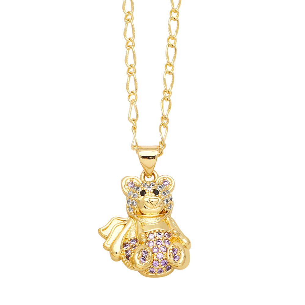 Copper Gold Plated Cute Simple Style Bear Inlay Zircon Pendant Necklace