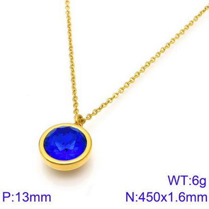 Titanium Steel 18K Gold Plated Basic Round Inlay Zircon Pendant Necklace