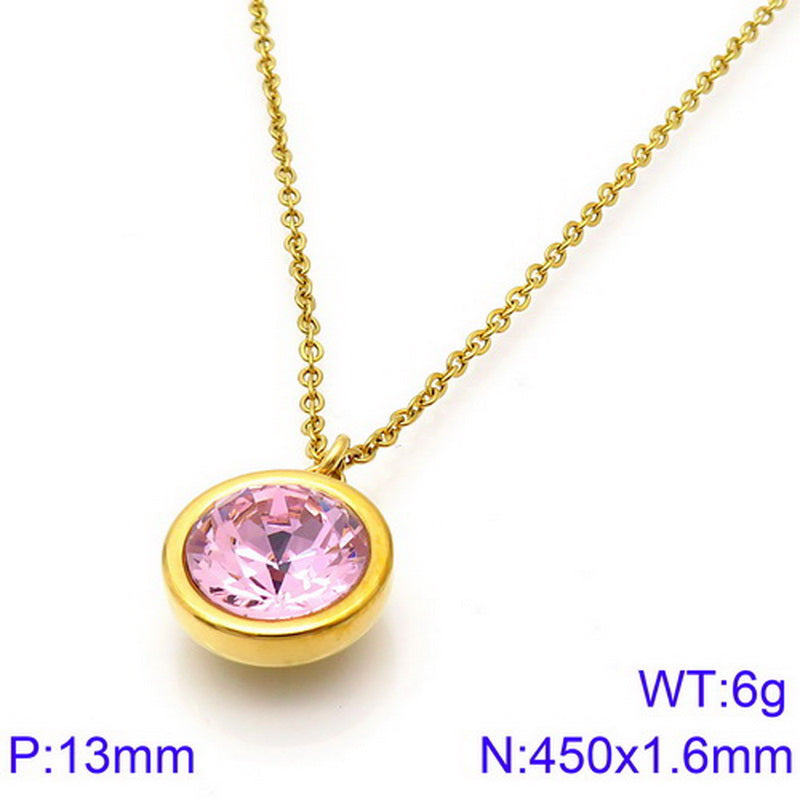 Titanium Steel 18K Gold Plated Basic Round Inlay Zircon Pendant Necklace