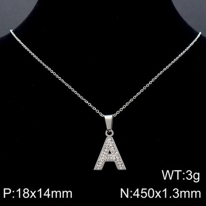 Stainless Steel 18K Gold Plated Basic Letter Inlay Rhinestones Pendant Necklace