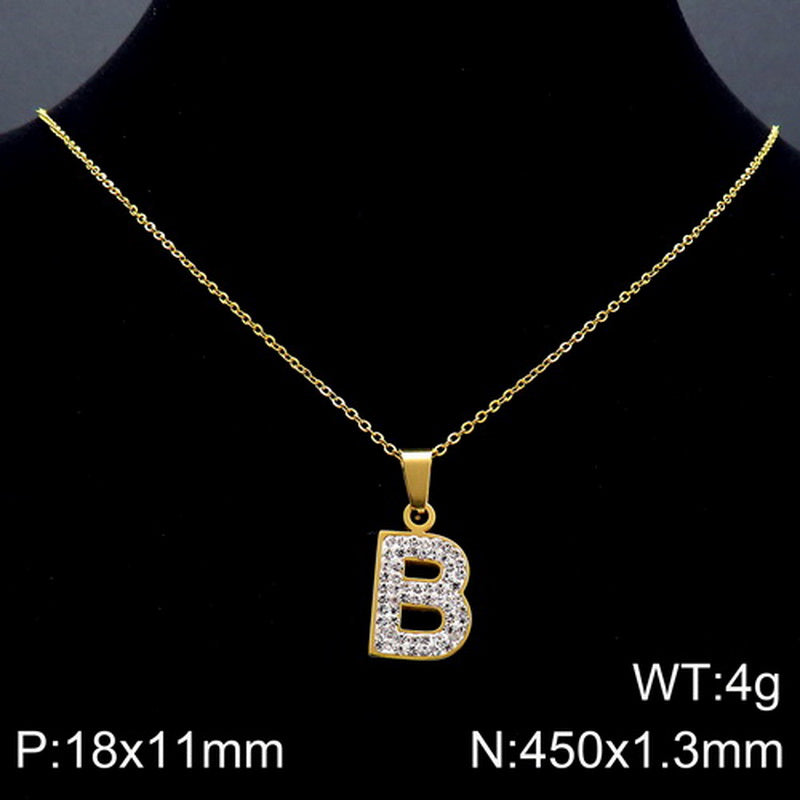 Stainless Steel 18K Gold Plated Basic Letter Inlay Rhinestones Pendant Necklace