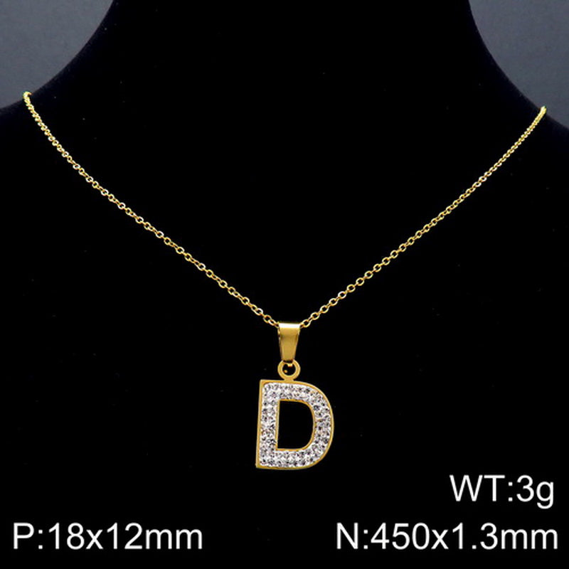 Stainless Steel 18K Gold Plated Basic Letter Inlay Rhinestones Pendant Necklace