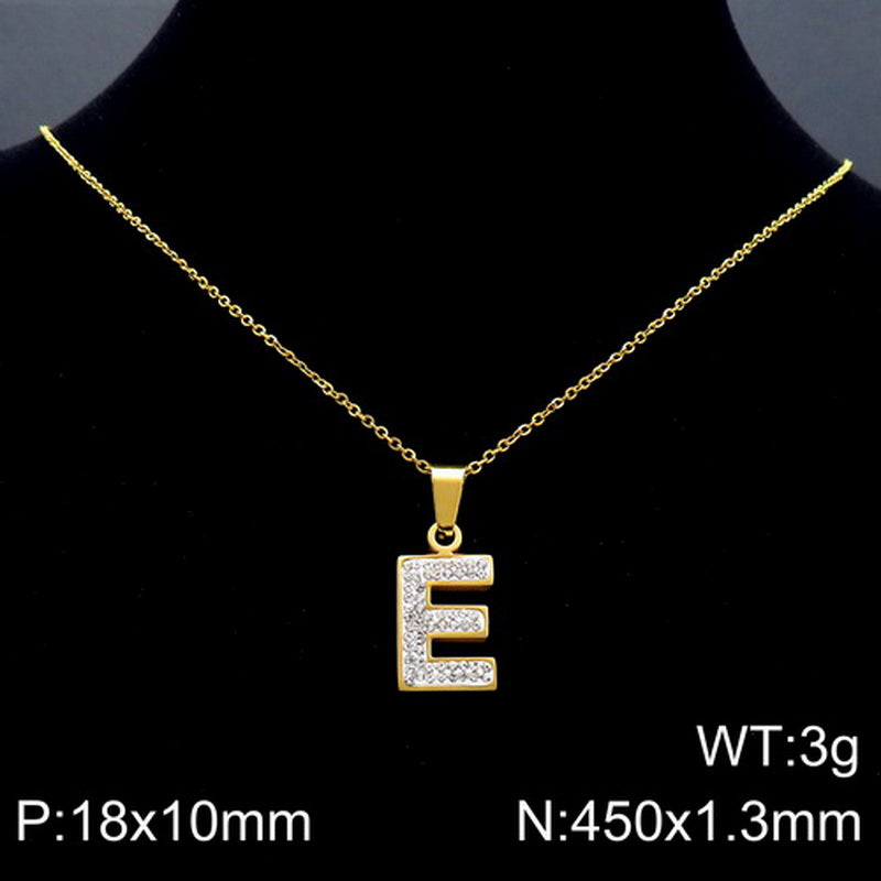 Stainless Steel 18K Gold Plated Basic Letter Inlay Rhinestones Pendant Necklace