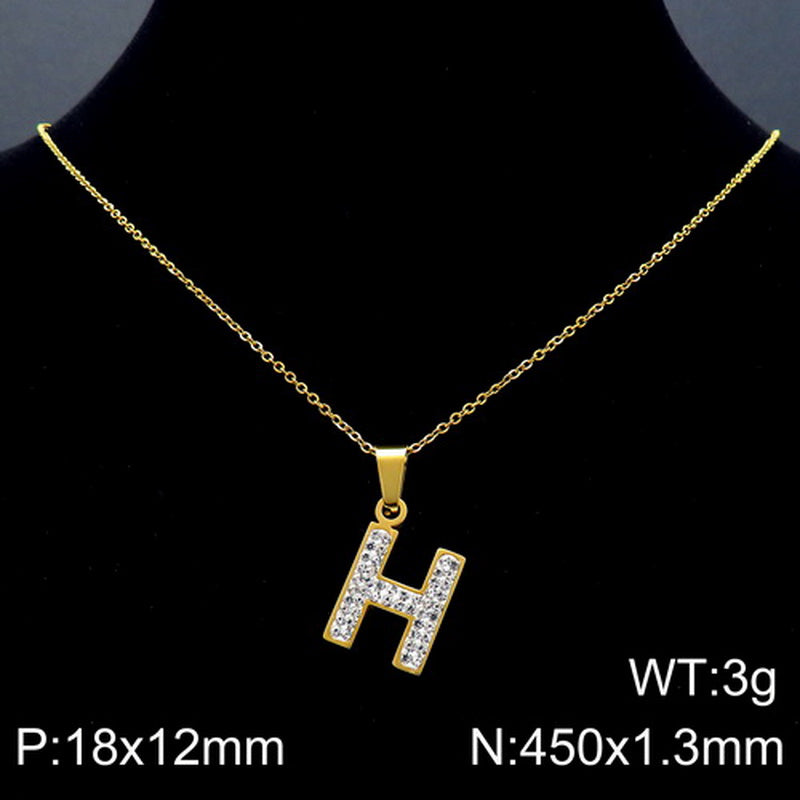 Stainless Steel 18K Gold Plated Basic Letter Inlay Rhinestones Pendant Necklace