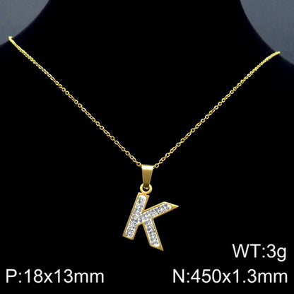 Stainless Steel 18K Gold Plated Basic Letter Inlay Rhinestones Pendant Necklace