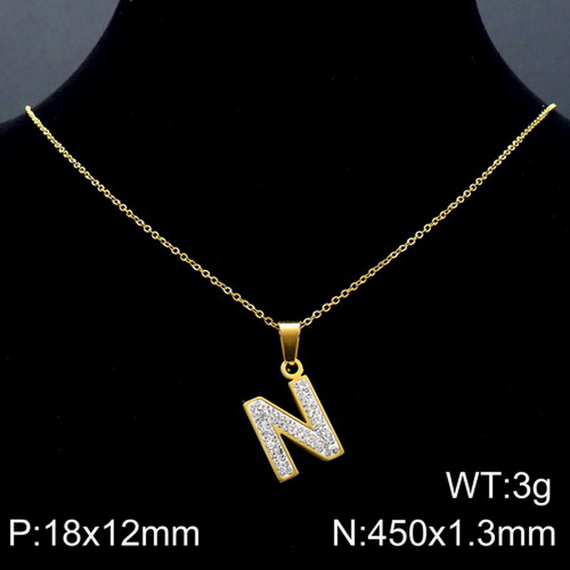 Stainless Steel 18K Gold Plated Basic Letter Inlay Rhinestones Pendant Necklace