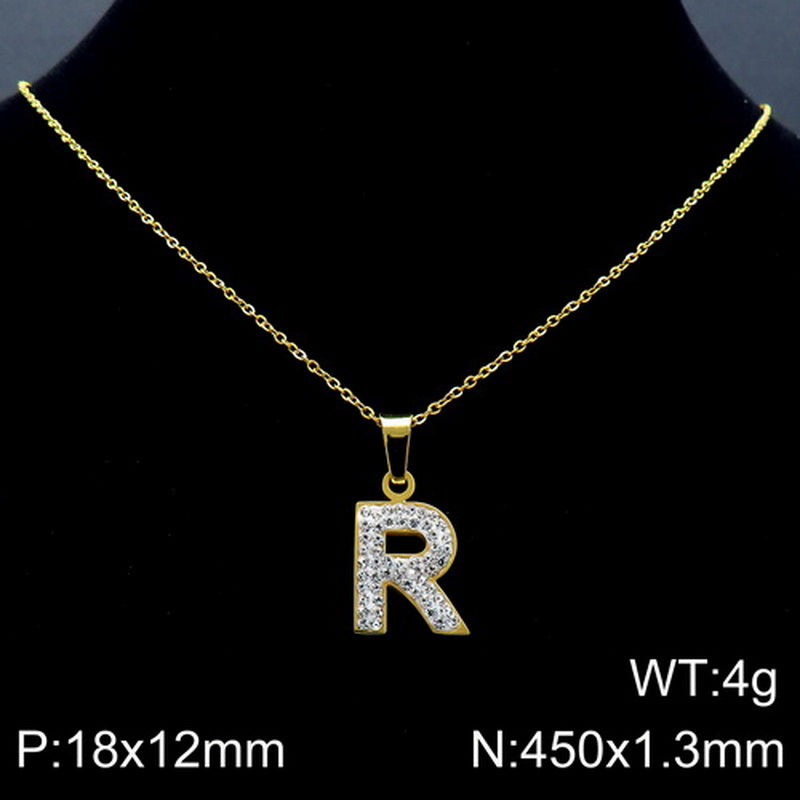 Stainless Steel 18K Gold Plated Basic Letter Inlay Rhinestones Pendant Necklace