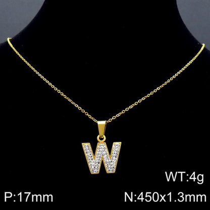 Stainless Steel 18K Gold Plated Basic Letter Inlay Rhinestones Pendant Necklace