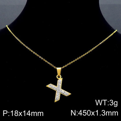 Stainless Steel 18K Gold Plated Basic Letter Inlay Rhinestones Pendant Necklace