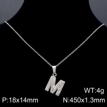 Stainless Steel 18K Gold Plated Basic Letter Inlay Rhinestones Pendant Necklace