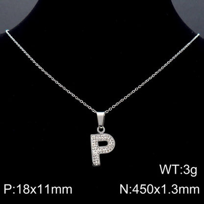 Stainless Steel 18K Gold Plated Basic Letter Inlay Rhinestones Pendant Necklace