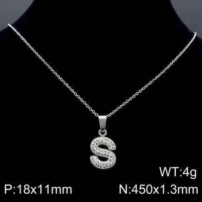 Stainless Steel 18K Gold Plated Basic Letter Inlay Rhinestones Pendant Necklace