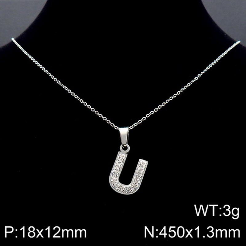 Stainless Steel 18K Gold Plated Basic Letter Inlay Rhinestones Pendant Necklace