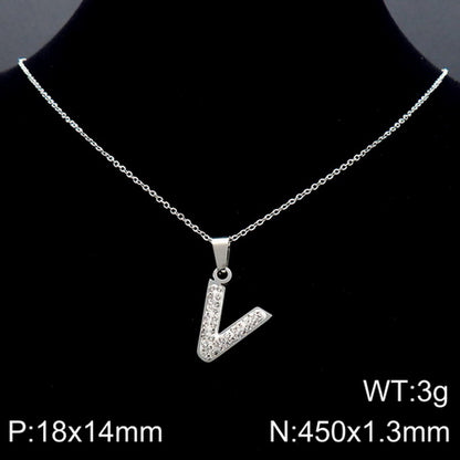 Stainless Steel 18K Gold Plated Basic Letter Inlay Rhinestones Pendant Necklace