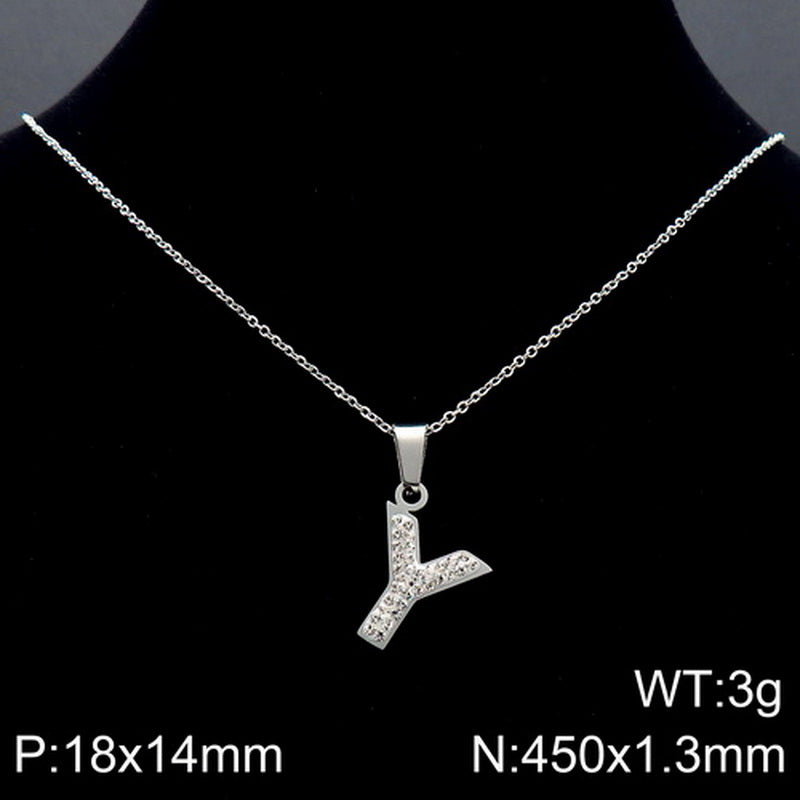 Stainless Steel 18K Gold Plated Basic Letter Inlay Rhinestones Pendant Necklace