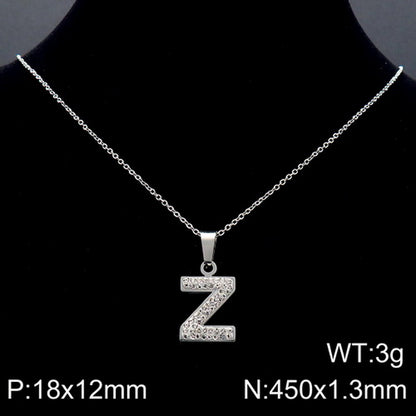 Stainless Steel 18K Gold Plated Basic Letter Inlay Rhinestones Pendant Necklace