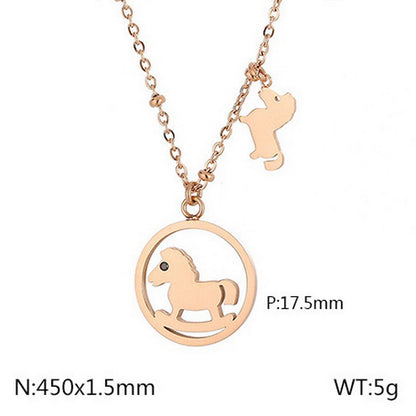 Stainless Steel Titanium Steel Cute Horse Inlay Rhinestones Pendant Necklace