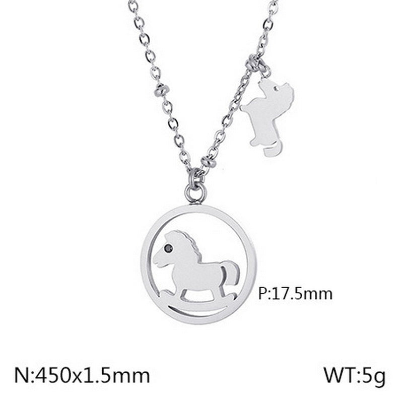 Stainless Steel Titanium Steel Cute Horse Inlay Rhinestones Pendant Necklace