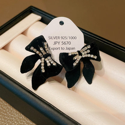 1 Pair Elegant Retro Bow Knot Inlay Alloy Flocking Rhinestones Ear Studs