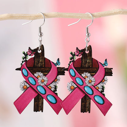 1 Pair Retro Cross Flower Wood Drop Earrings