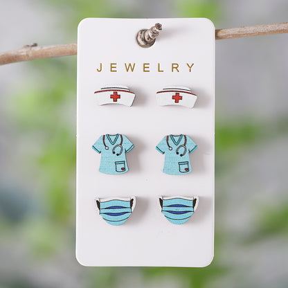 3 Pairs Retro Cartoon Heart Shape Wood Ear Studs