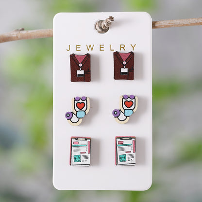 3 Pairs Retro Cartoon Heart Shape Wood Ear Studs