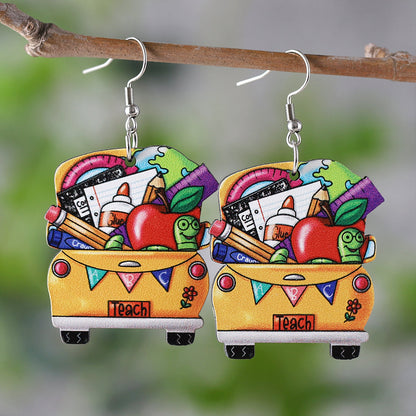 1 Pair Retro Book Cartoon Car Wood Drop Earrings