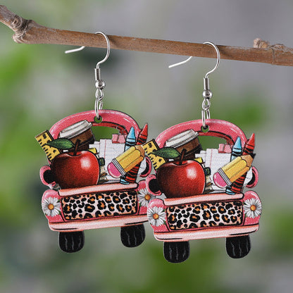 1 Pair Retro Book Cartoon Car Wood Drop Earrings