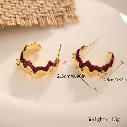 1 Pair Original Design Streetwear Waves Enamel Inlay Copper Zircon 18K Gold Plated Ear Studs