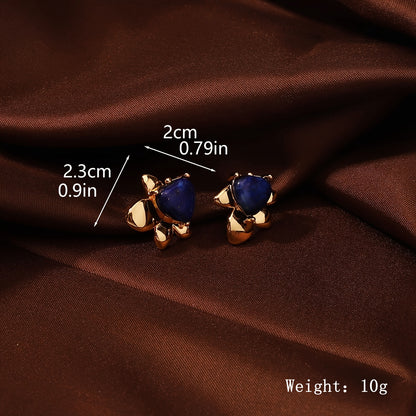 1 Pair Vacation Simple Style Heart Shape Flower Inlay Copper Lapis Lazuli Obsidian 18K Gold Plated Ear Studs