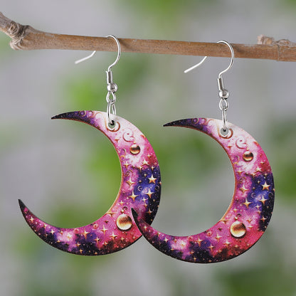 1 Pair Retro Moon Wood Drop Earrings