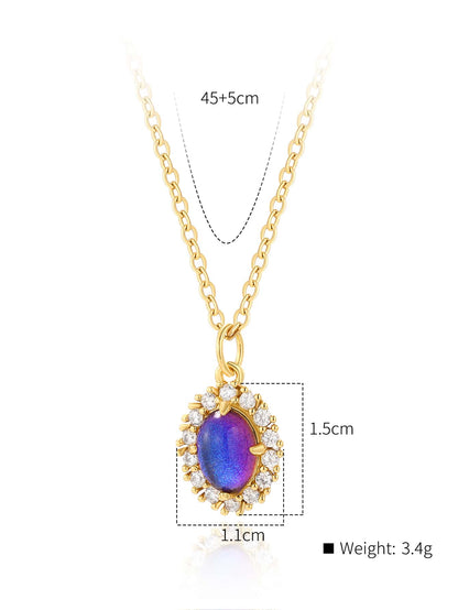 Copper 18K Gold Plated IG Style Oval Inlay Zircon Pendant Necklace