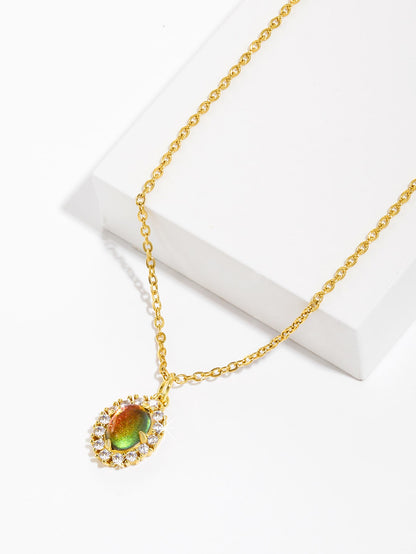 Copper 18K Gold Plated IG Style Oval Inlay Zircon Pendant Necklace