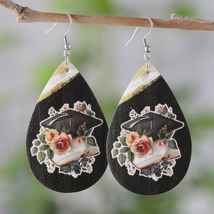 1 Pair Retro Doctoral Cap Flower Pu Leather Drop Earrings