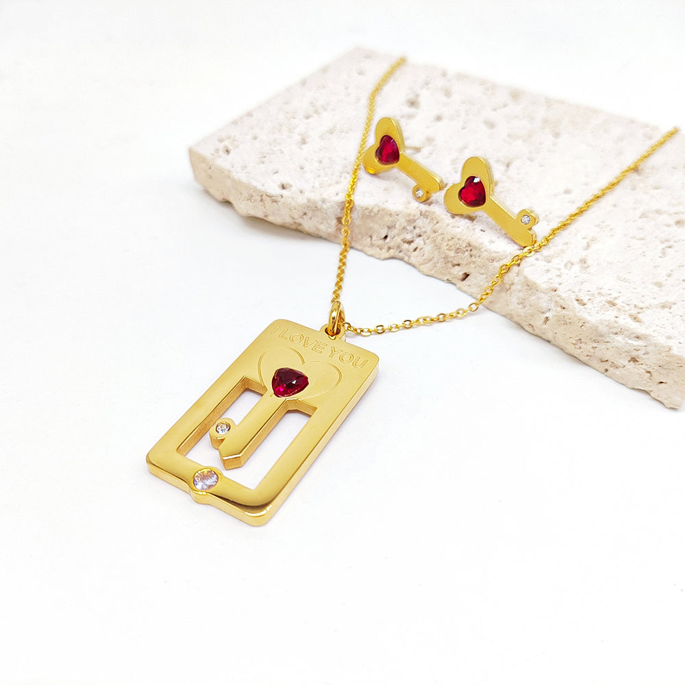 Stainless Steel 18K Gold Plated Casual Romantic Heart Shape Key Inlay Zircon Earrings Necklace