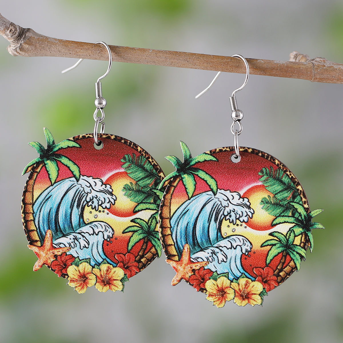 1 Pair Vacation Beach Coconut Tree Ocean Sea Wave Wood Drop Earrings