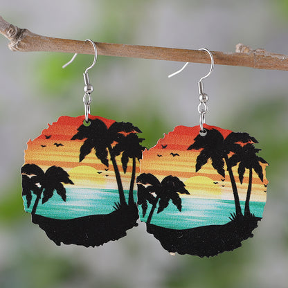 1 Pair Vacation Beach Coconut Tree Ocean Sea Wave Wood Drop Earrings