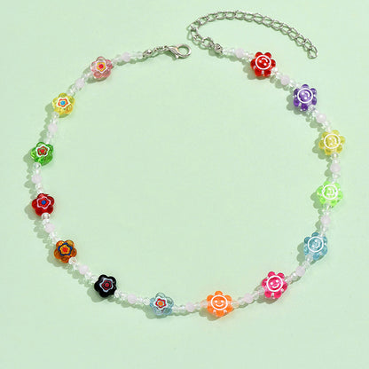 Cute Bohemian Flower Artificial Crystal Alloy Beaded Women's Necklace