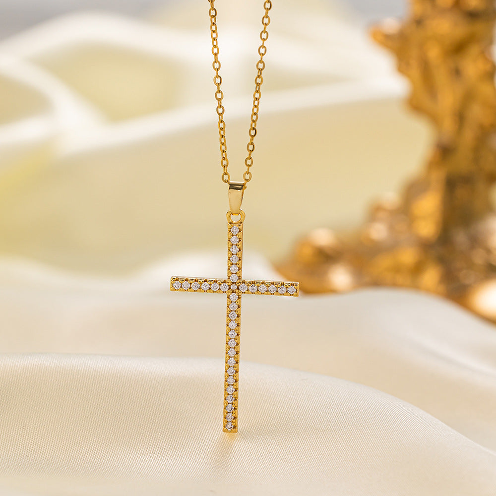 Titanium Steel 18K Gold Plated Vintage Style Vacation Cross Polishing Inlay Artificial Rhinestones Pendant Necklace