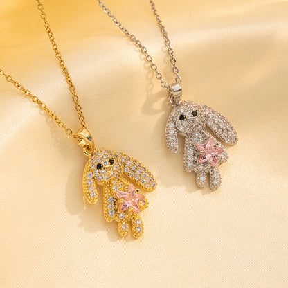 Stainless Steel 18K Gold Plated Cute Rabbit Inlay Zircon Pendant Necklace