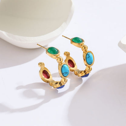 1 Pair Retro C Shape Oval Inlay Titanium Steel Turquoise 18K Gold Plated Ear Studs