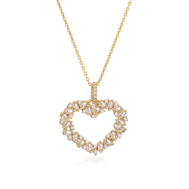 Copper 18K Gold Plated Elegant Heart Shape Inlay Zircon Pendant Necklace